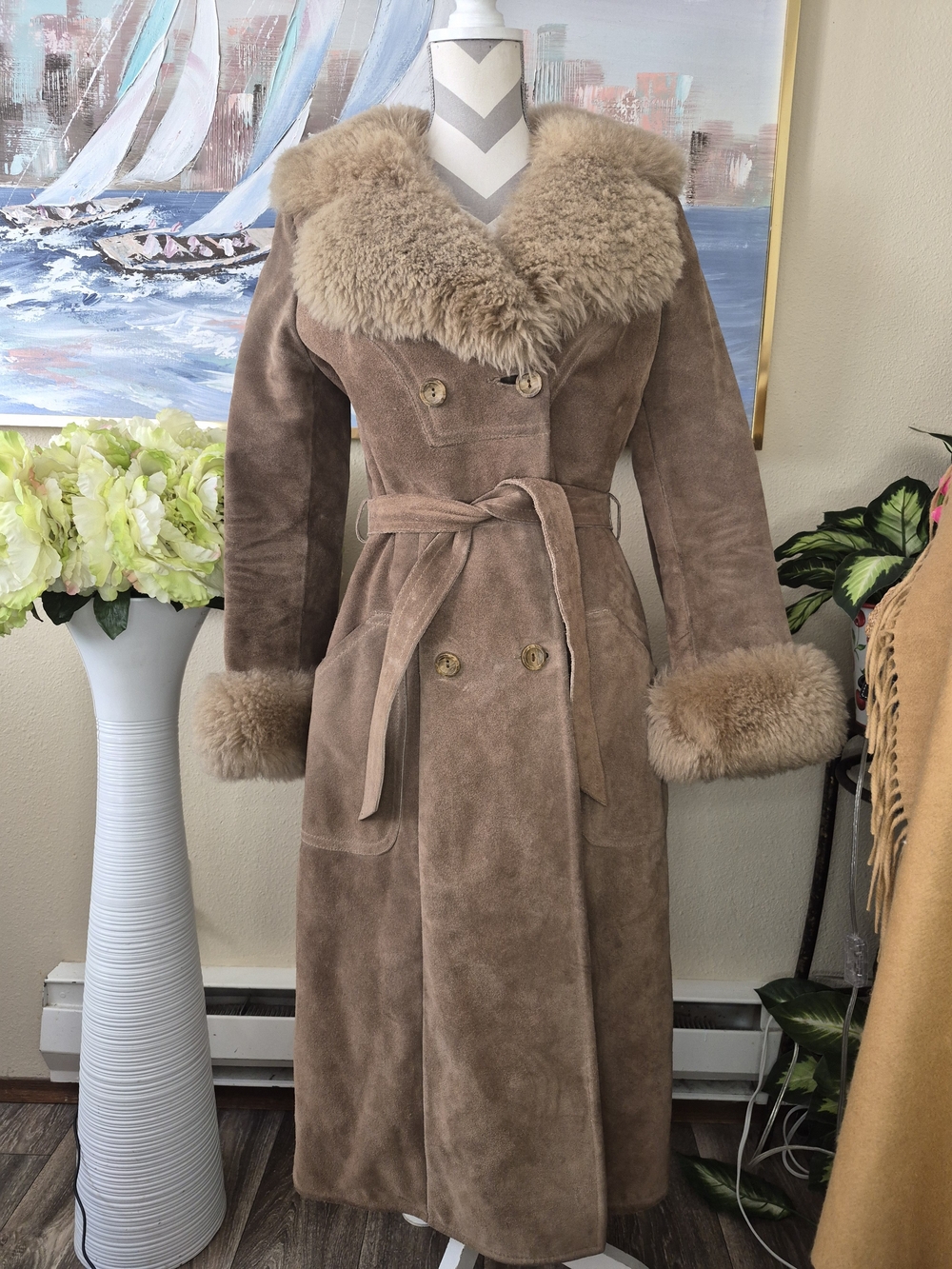 Vintage A&F New York Taupe Suede Trench Coat with Shearling